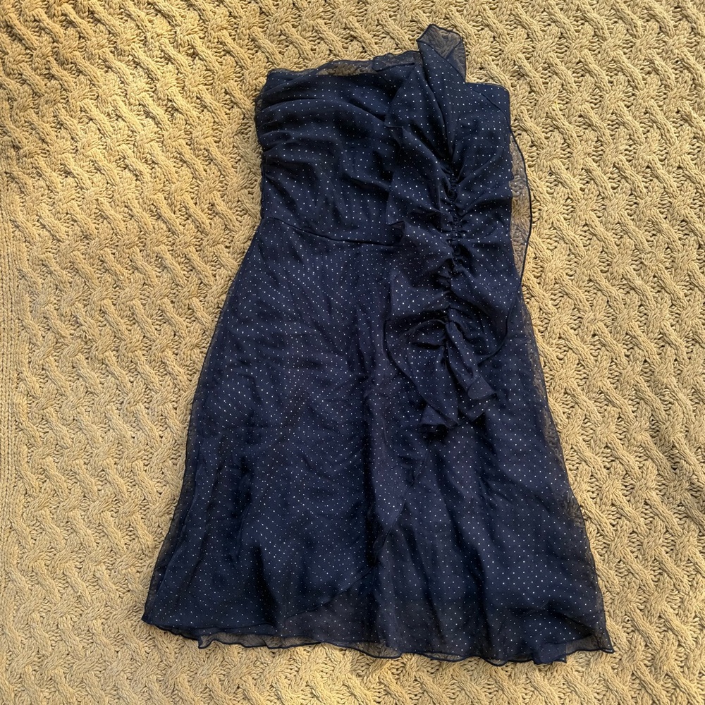 American Eagle Women's Size 0 Black Ruffled Strapless Sun Dress White Polka Dot